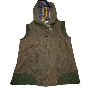 Brown Corduroy Hooded Vest  Striped Floral Lining Women Extra Small